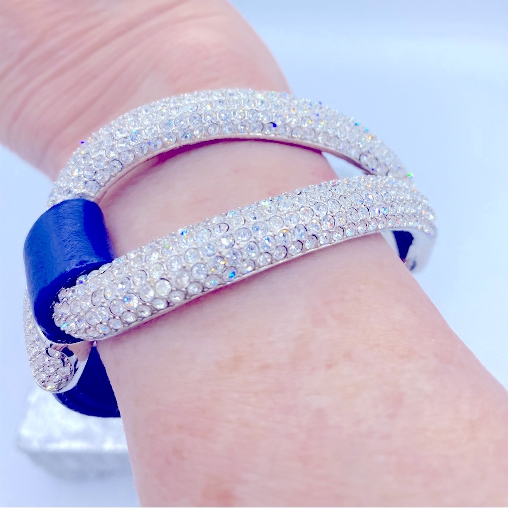 Joan Boyce Edgy Diva Pave Crystal Blue Leather Band Sparkling Bracelet Stunning